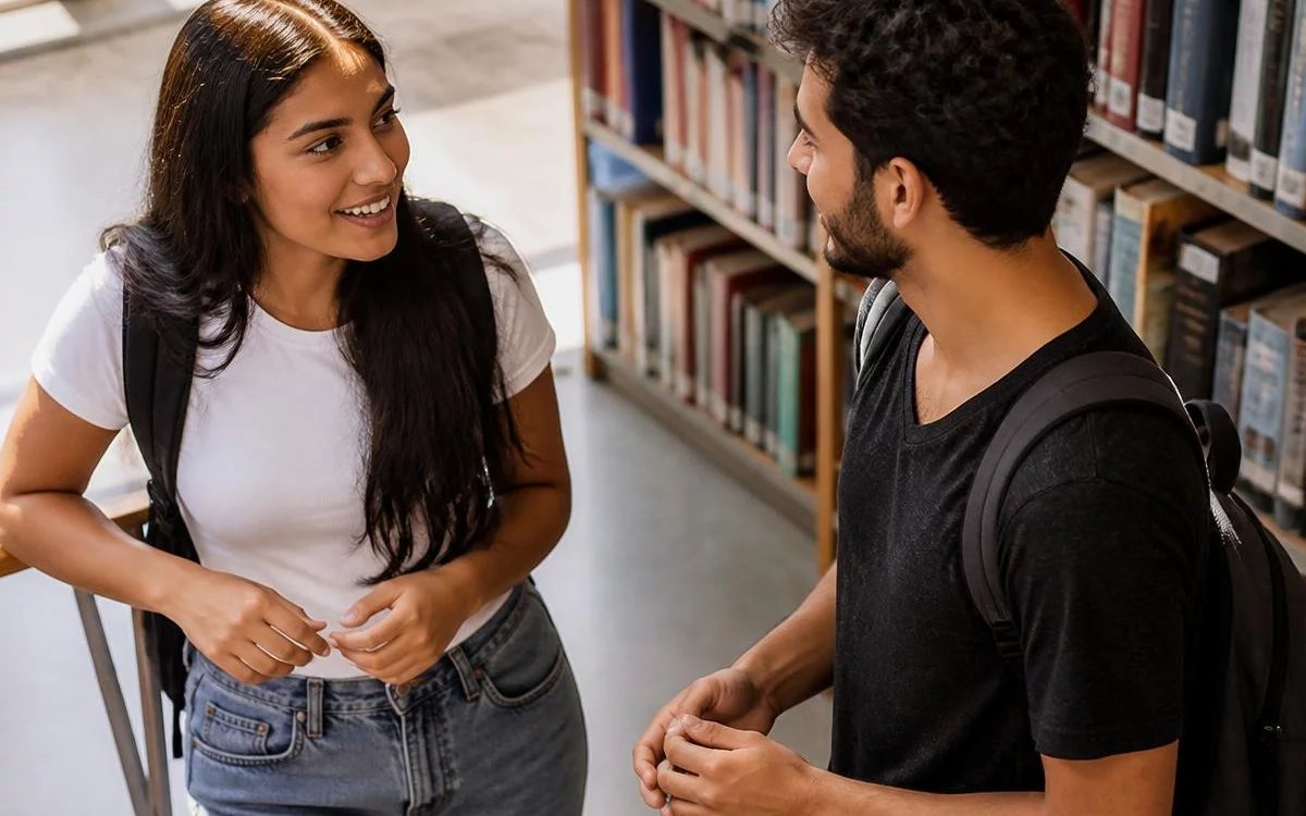 Três pessoas sentadas a uma mesa comprida, no meio de uma conversa numa sala de janelas altas