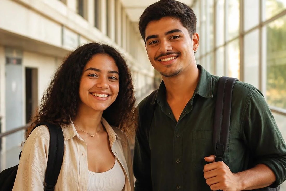 Dois estudantes de mochila continuam a discussão no corredor depois da sessão