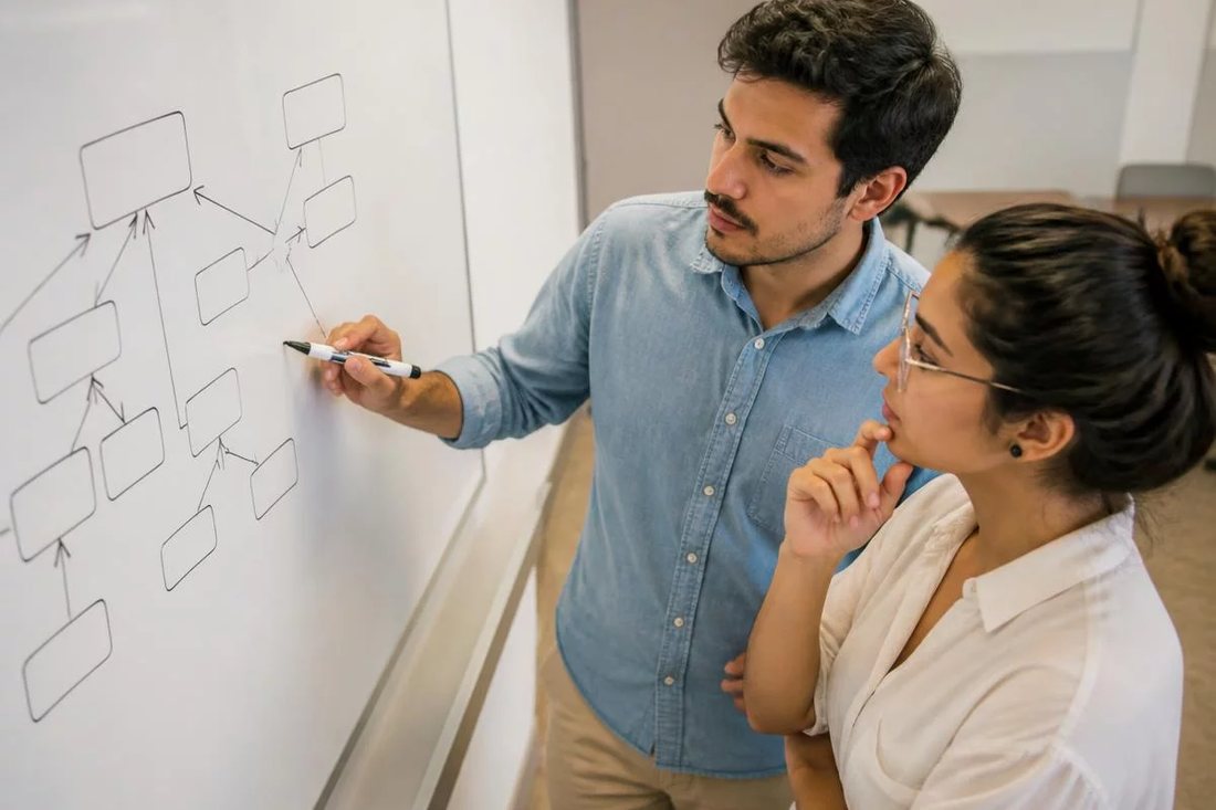 Facilitadora aponta para um mapa de argumento desenhado no quadro branco enquanto um participante acompanha